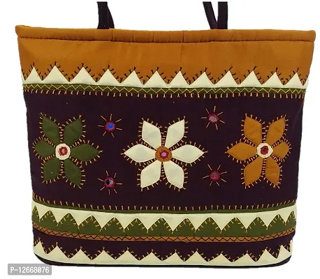 SriShopify Womenrsquo;s Handbag Banjara Traditional Basket Aplic Bag Tote Bag Cotton handmade (Large, Mirror Beads and Thread Work Handcraft, Maroon and Mustard)-thumb2