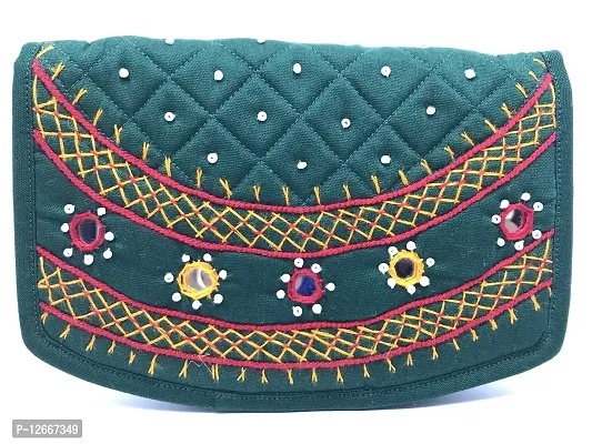 srishopify handicrafts Small Pocket Purse for Women Stylish Trendy Pouch Banjara Original Mirror Work Money Purse for Girls (6.5 inch Mini Pouch Rama Green Two Fold Handmade Thread Work)-thumb0