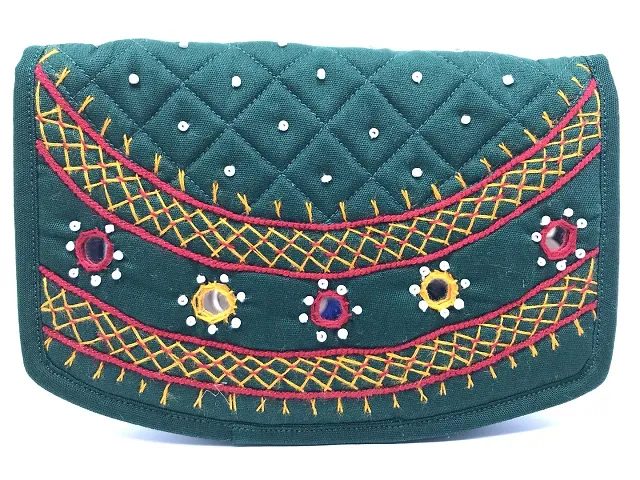 SriShopify Handicrafts Women Pocket Purse Girls Stylish Cotton Clutches Purses Phone case (Mini Wallet 6.5 Inch Original Mirror Beads and Thread Work Handmade)
