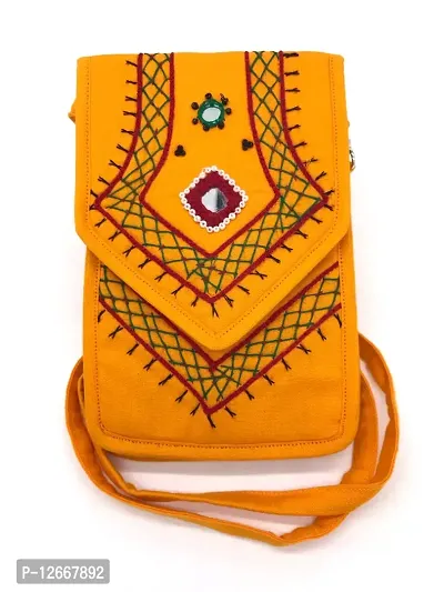 srishopify handicrafts Women's smart mobile pouch Cotton Canvas Small Sling Crossbody Bag with Stylish Design Thread and original mirror work (Yellow Sling Bag)