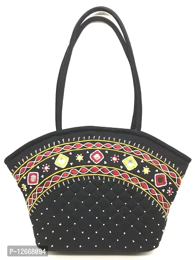 SriShopify Handicrafts hand embroidery patterns Hand Bag Cotton Tote Bag For Travel party  All Occasions For Women  Girls (medium 9x13x3 inch) Black bag