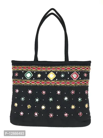SriShopify Handicrafts Women Handbag Medium Shoulder Bag Banjara Traditional Tote bag Cotton handmade (14 Inch Mirrors Beads and Thread Work Black)-thumb0