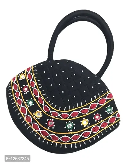 srishopify handicrafts Beautiful and Traditional Banjara Bags Ethnic Top Handle Bag Small Size Shopping for Ladies Black Hand Held Purse 9.5x6.5x3.5 inch Thread Work-thumb0