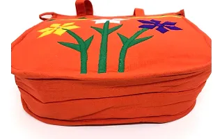 srishopify handicrafts Cotton Tote Bag for Women, Shoulder Bag with Inner Zip Pocket, Floral Embroidered Handbag for Shopping, Travel, Work, Beach Anniversary Gift Items 13 Inch Orange-thumb4