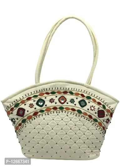 SriShopify Handmade Handbags for Women Zipper Tote Shoulder Bag Traditional Basket bag (Medium Size 9x13x3 Hand Embroidery beads original Mirror work White hand bag)