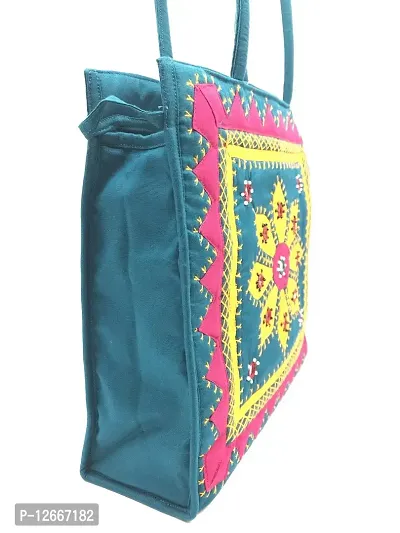 SriShopify Womenrsquo;s Handbag Banjara Traditional Basket Aplic Bag Tote Bag Cotton handmade shoulder bag for women (Large, Mirror Beads and Thread Work Handcraft, Rama Green  Pink)-thumb2