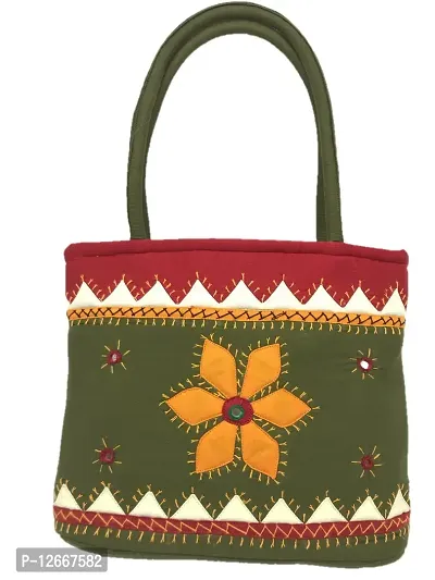 srishopify handicrafts women's rajasthani handmade cotton hand bag, SMALL (10.5x8x3 inch apliq_work olive handbags)