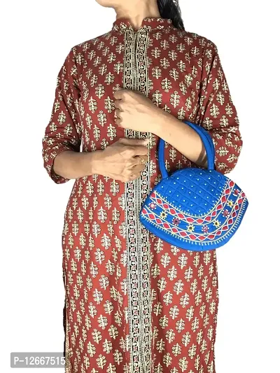 srishopify handicrafts Women Handbag Small Size Designer Handmade Mini Bucket Bags Purse Cotton Blue Ccolour Bag (9.5x6.5x3.5 Inch original Beads Thread Work Handcraft)-thumb2