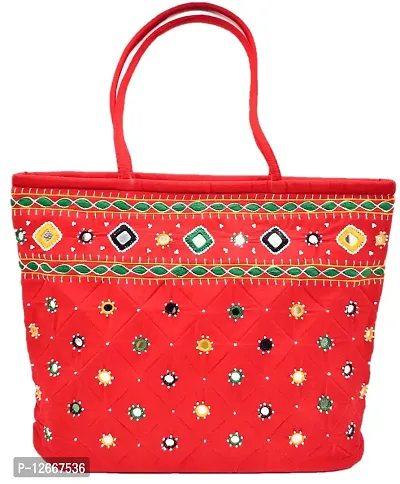 SriShopify Handcrafted Banjara embroidered shoulder bags Mirror work Handbag for Women | Travel handmade handbag | Zipper Tote Bag ladies (Medium Shopping Handbag Red Tote bags)