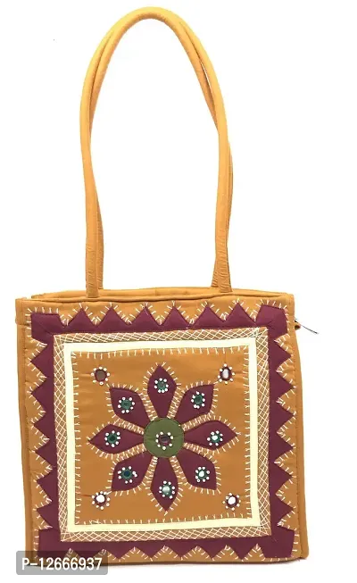 SriShopify Handicrafts Applique Women's Tote Bag With Zipper Hand Work Mirror mothers day gift hand bag Shoulder Bag for Travel, Work, Shopping, Office, College Mustard yellow  Maroon-thumb0
