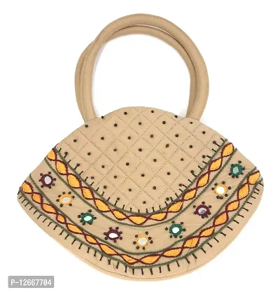 srishopify handicrafts Women Handbag MINI Handle Bag Banjara Traditional Hand Purse Cotton handmade (Small 6.5x9.5 Inch original Mirrors Beads and Thread Work Handcraft Pouch hand held bag) (Beige)
