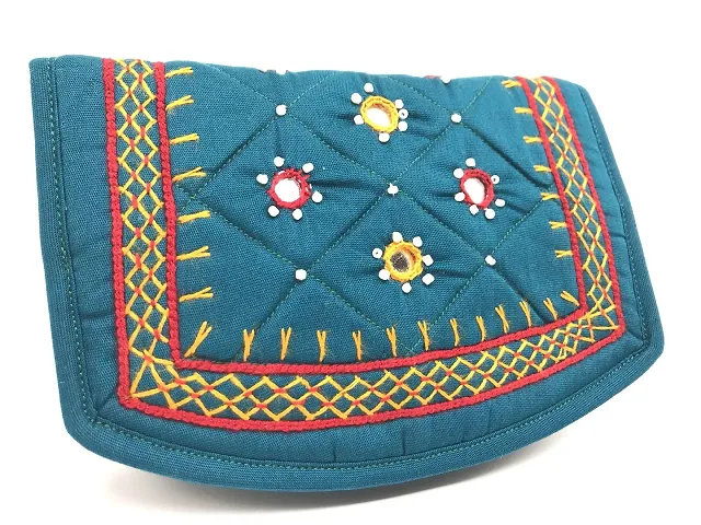 SriShopify Handicrafts Women's Hand Purse Banjara Traditional Hand Poches Cotton Clutch Purse for Girls Wallet (6.5 Inch Small Purse Mirror, Beads and Thread Work Handcraft)