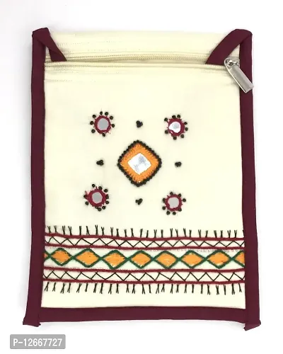 srishopify handicrafts Fabric Jaipuri Embroidered/Needle craft Women's Sling Bag/Mobile Bag Medium crossbody bag Original Mirro Work handmade (White)-thumb2