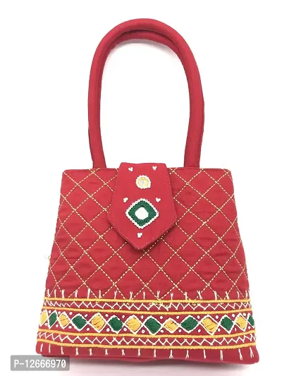 srishopify handicrafts MINI Handbags For Girls Stylish Banjara Traditional Women SMALL Handle Bags Ladies Hand Purse Cotton Fabric | 7Inch Original Beads Work Pouch Red Color-thumb0