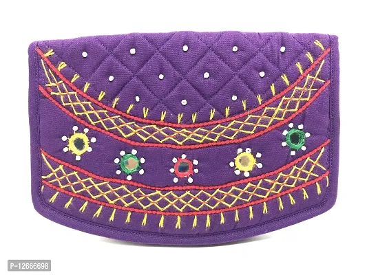 SriShopify Handicrafts Women Pocket Purse Girls Stylish, Cotton Ladies Clutches Purses Phone case (Mini Wallet 6.5 Inch Original Mirror Beads and Thread Work Handmade) (Purple Color Mini Purse)