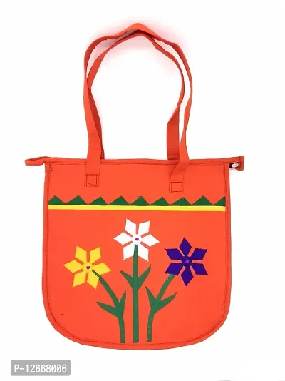 srishopify handicrafts Cotton Tote Bag for Women, Shoulder Bag with Inner Zip Pocket, Floral Embroidered Handbag for Shopping, Travel, Work, Beach Anniversary Gift Items 13 Inch Orange-thumb0