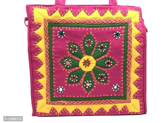 SriShopify Womenrsquo;s Handbag Banjara Traditional Shoulder bag Tote bag Cotton handmade (Pink and Yellow Big size, Mirror and Beads thread Work) Size 25x25x9 cm-thumb2