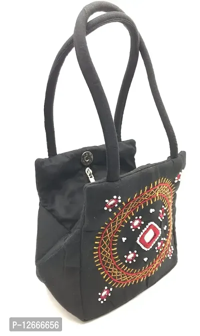 srishopify handicrafts Women Handbag Small Size designer handmade Mini bucket Bags Purse Cotton black colour bag (9x6x4 Inch original Beads Thread Work Handcraft)-thumb0