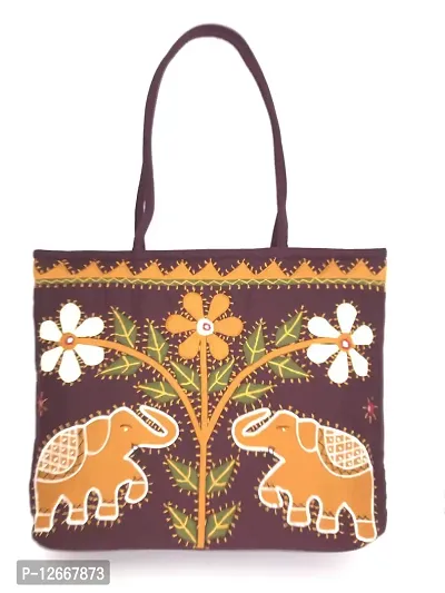 SriShopify Tote Bags for Women with Zipper | Shopping Bag for Office, Travel, Gifting | Stylish Brown Shoulder Handbag for Women Elephant Embroidered Mirrors work
