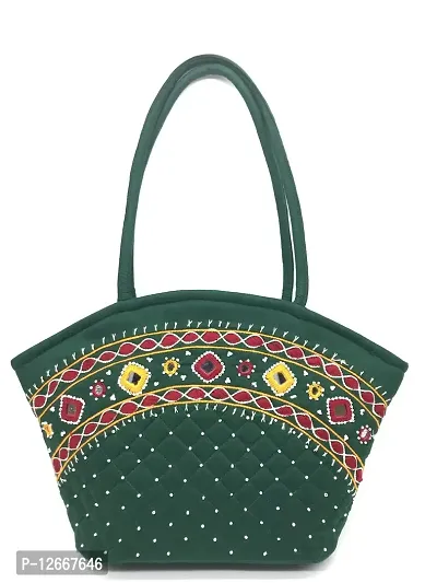 SriShopify Handicrafts Women's Cotton Traditional Design Handbag mirror work handmade Tote Shoulder bag (Medium Size9x13x3 inch) Green