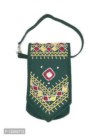 SriShopify Handcrafted Women's Wristlet Pouch Handmade Embroidery wristlet handbag mobile carry bag for women (Size 7x4x1 inch) Green