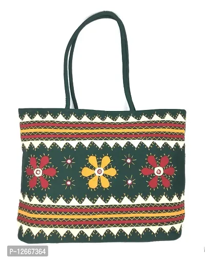 SriShopify Handicrafts Travel Tote bag for Women Big size Ethnic Green Hand bags for Travelling for Girls Handmade shoulder bag Cotton (18x13x4 Mirror Embroidery Work)