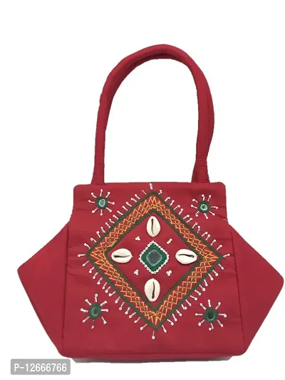 srishopify handicrafts Girls Handmade Cotton Stylish Banjara Ethnic Cowrie Shells Mini Handbags with Handle (Multicolor , 10x6x4 Inch)