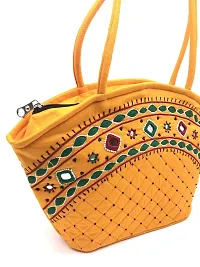 SriShopify Handicrafts Soft Cotton Tote Bag for Women and Girls - Shoulder Handbag with Top Zip Closure, Inner Pocket (Mirror and Beads thread Work) Yellow-thumb4
