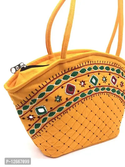 SriShopify Handicrafts Soft Cotton Tote Bag for Women and Girls - Shoulder Handbag with Top Zip Closure, Inner Pocket (Mirror and Beads thread Work) Yellow-thumb5