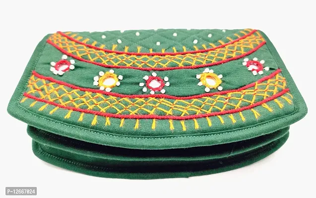 SriShopify Handicrafts Stylish Purse for Girls Fancy Trendy Wallet Banjara Original Mirror Work Money Pouch for Girls (6.5 inch Small Purse Green Two Fold Handmade Thread Work)-thumb3