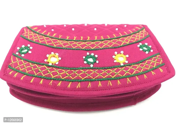 srishopify handicrafts Mini Hand Purse for Women Trendy Pouch Banjara Original Mirror Work Money Wallet for Girls (6.5 inch Small Pouch Pink Two Fold Handmade Thread Work)-thumb3