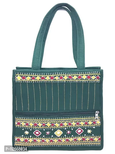 SriShopify Handicrafts Vintage Cotton Designer Shoulder Shopper Bag for women tote handbags for ladies stylish (Medium Size9x13x3 inch Hand Crafted Embroidery Green)