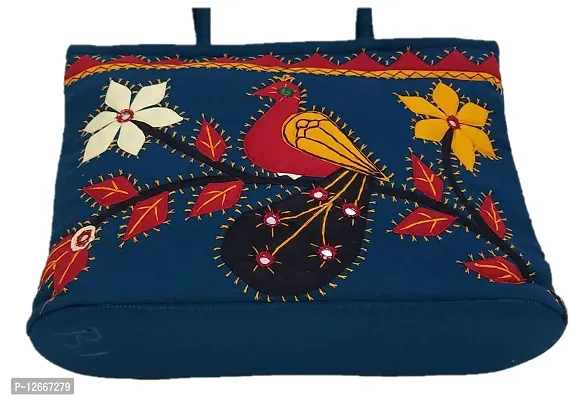 SriShopify Womenrsquo;s Handbag Banjara Traditional Basket Aplic Bag Tote Bag Cotton handmade (Large, Mirror Beads and Thread Work Handcraft, Rama Green and Red)-thumb3