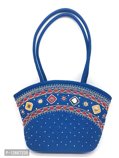 SriShopify Handicrafts Women's Hand Made Cotton Traditional Tote Shoulder Bag for Party Wedding Rakhi Gifting (Medium Size9x13x3 inch) Blue