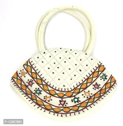 srishopify handicrafts Women Handbag MINI Handle Bag Banjara Traditional Hand Purse Cotton handmade (Small 6.5x9.5 Inch original Mirrors Beads and Thread Work Handcraft Pouch hand held bag) (White)