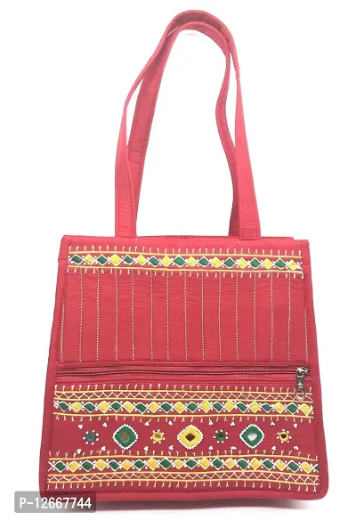 SriShopify Handicrafts Traditinoal Bridal handbags Hand Embroidery Tote Bag Handmade shoulder bag for women hand bags stylish Red Handbag (Size 12x13x5 inch Original Mirros and Beads)