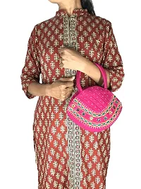 srishopify handicrafts Women Handbag MINI Handle Bag Banjara Traditional Hand Purse Cotton Gifts | Small 6.5x9.5 Inch Original Mirrors Beads Thread Work Hand Held Bag | Magenta Pink Black-thumb1