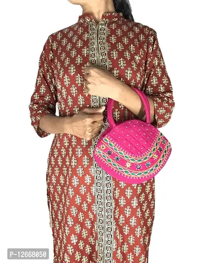 srishopify handicrafts Women Handbag MINI Handle Bag Banjara Traditional Hand Purse Cotton Gifts | Small 6.5x9.5 Inch Original Mirrors Beads Thread Work Hand Held Bag | Magenta Pink Black-thumb2