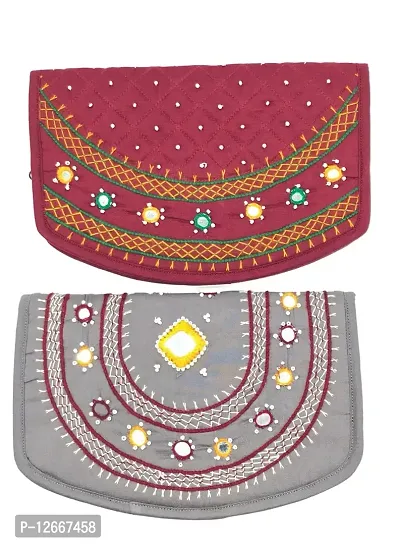 SriShopify Handicrafts Womens Hand purse Combo pack Banjara Traditional Hand Poches Cotton Clutch Purse for Girls Wallet (8.5 Inch Maroon Grey Purse Mirror, Beads Thread Work Handcraft)