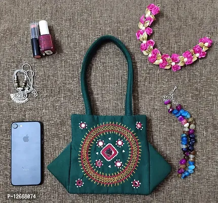 srishopify handicrafts Small Traditional Arts And Crafts mirror work hobo hand bag for women- Green Color (9x7x3 Inch Original needle craft Thread Work)-thumb3