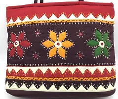 SriShopify Handicrafts Tote Bag for Women Shoulder Bags Handbags Banjara Traditional Cotton handmade bag with Zip Brown (30x40x10 cm Mirror Work Apliq Stylish) Coffee Red-thumb2