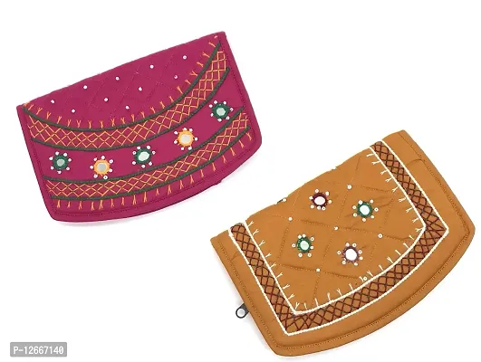 SriShopify Handicrafts Small ladies purse for women combo pack Banjara Traditional Hand Purse Cotton Clutch Purse for Women Wallet (6.5 Inch small Pink Mustard Mirror, Beads and Thread Work Handcraft)