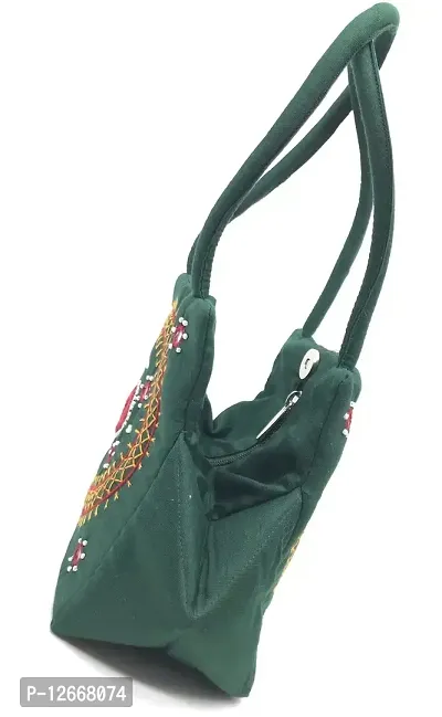 srishopify handicrafts Small Traditional Arts And Crafts mirror work hobo hand bag for women- Green Color (9x7x3 Inch Original needle craft Thread Work)-thumb4