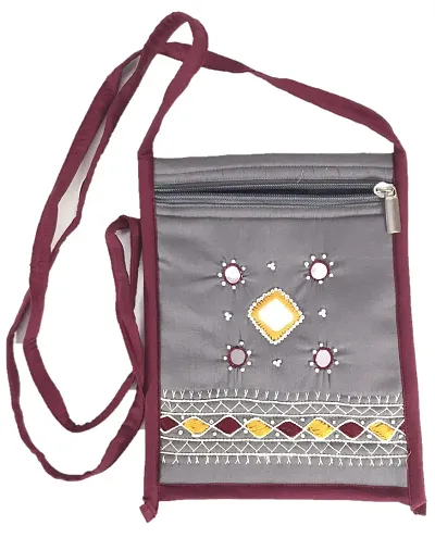 srishopify handicrafts Women Sling Bag Banjara Traditional Passport Bag Cotton handmade Pouch(Small, Mirror, Beads and Thread Work Handcraft Purse,Gray)