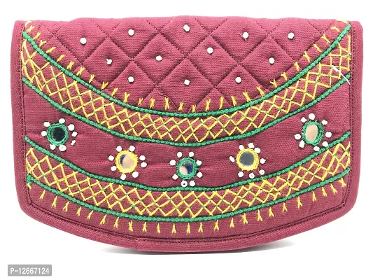 SriShopify Handicrafts Money Pouches for Girls Banjara Traditional Hand Purse Cotton Clutch Purse for Women Wallet (6.5 Inch Small Purse Maroon Mirror, Beads and Thread Work Handcraft)