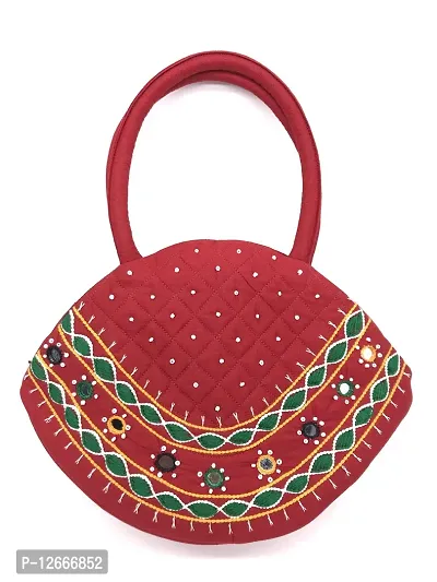srishopify handicrafts Women Hand Bags Small Size Banjara Handmade Mini Handle Bag for Girls Gift Hand Purse Red Colour 9.5x6.5x3.5 Inch (Beads and Thread Work Mini Pouch)-thumb0