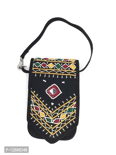SriShopify Handicrafts women mobile wallets for ladies wristlet handbag | embroidered mobile pouch for women (Size 7x4x1 inch) Black-thumb0