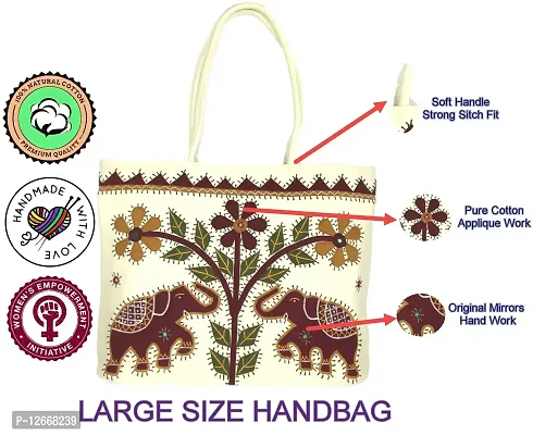 SriShopify Ethnic Banjara Handmade Cotton Tote bags with Zipper for Women Traditional Large White Handbags for Ladies (18 Inch Mirror Embroidered Applique Work)-thumb3