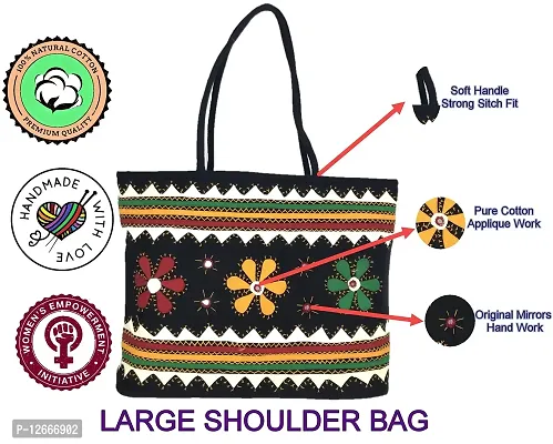 SriShopify Traditonal Ladies Shoulder bag Big Size Handmade Black Handbags for Women Stylish Tote (18 Inch Floral Mirrors Applique Work)-thumb4