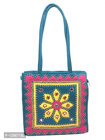 SriShopify Womenrsquo;s Handbag Banjara Traditional Basket Aplic Bag Tote Bag Cotton handmade shoulder bag for women (Large, Mirror Beads and Thread Work Handcraft, Rama Green  Pink)-thumb0